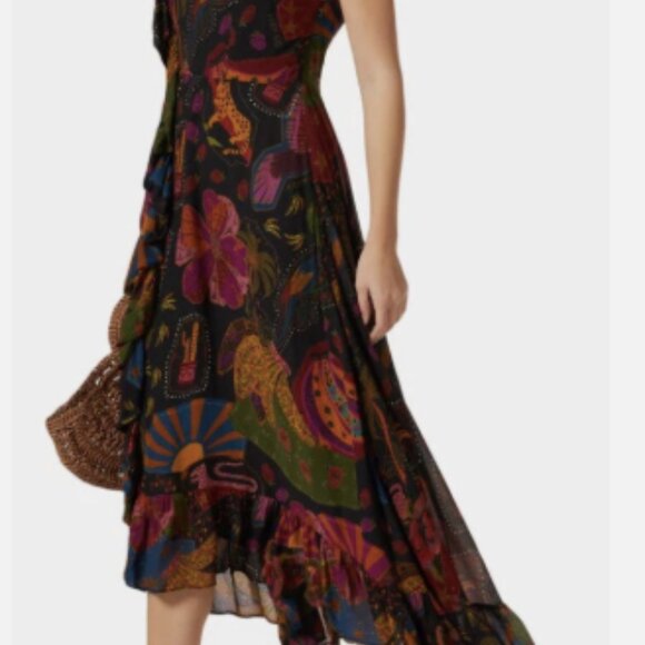 NWT Beautiful Fun Farm Rio Crazy Mix One Shoulder Midi Dress size L Ruffles - Picture 3 of 13